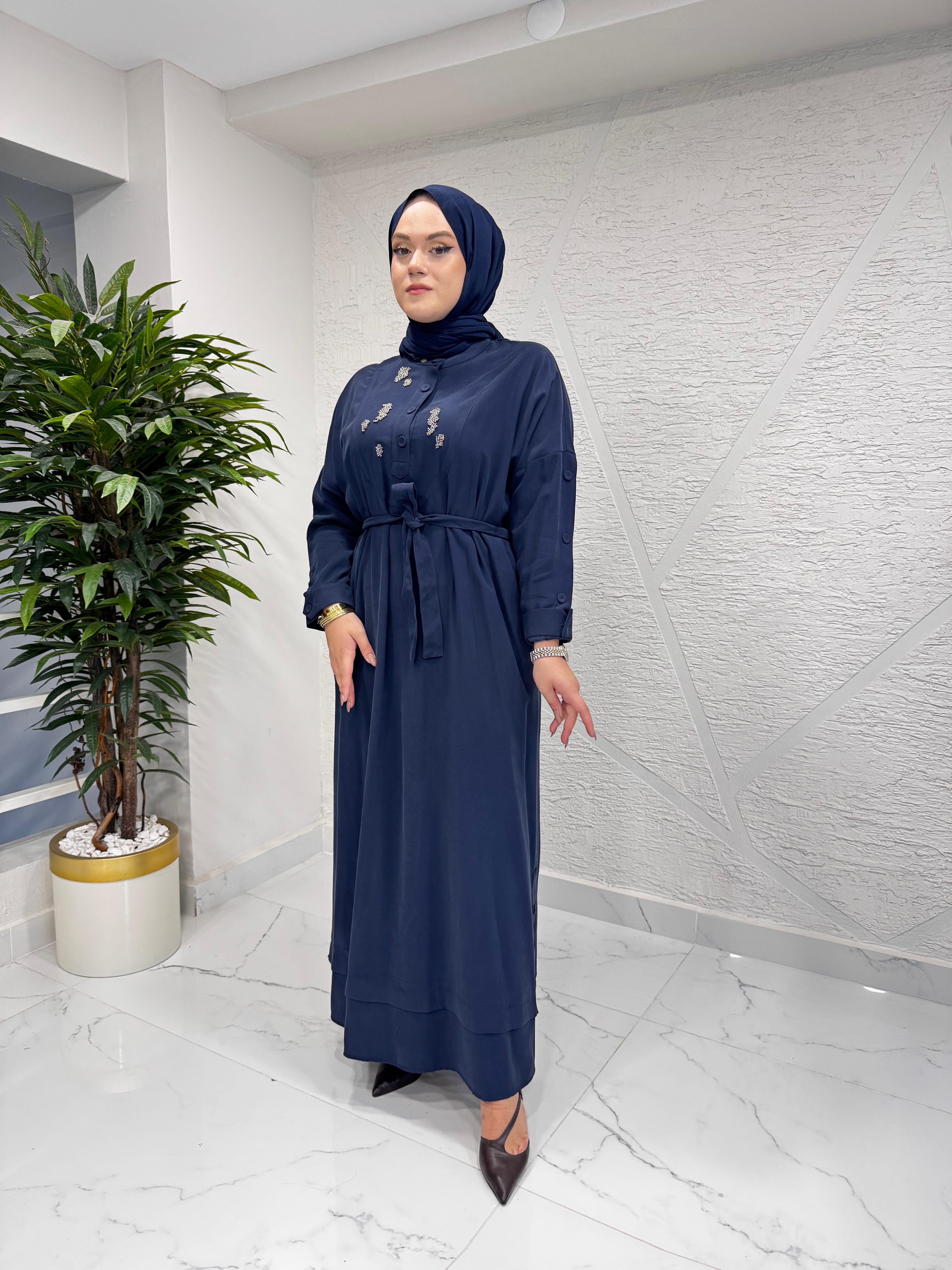 CEREMONY 6701 KOLLARI VE ETEK ALTI DÜĞME DETAYLI ELBİSE LACİVERT