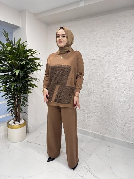 CEREMONY 6932 DANTEL DETAYLI ÇELİK ÖRME TAKIM CAMEL