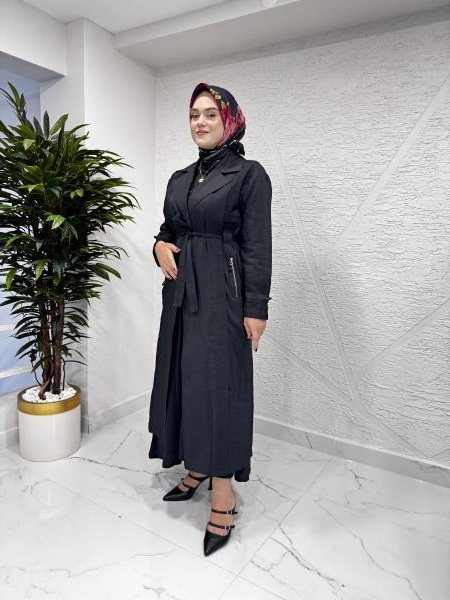 CEREMONY 5816 KOLLARI FİLE DETAYLI TRENÇ SİYAH