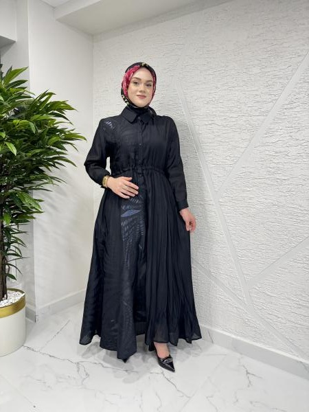 CEREMONY 5706 KRAŞLI DESENLİ VE DÜZ KOMBİNLİ BELİ LASTİKLİ UZUN MONARCH ELBİSE SİYAH