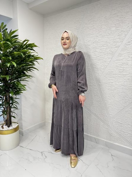 CLEMENCE 5411 İPEK ELBİSE KAHVERENGİ