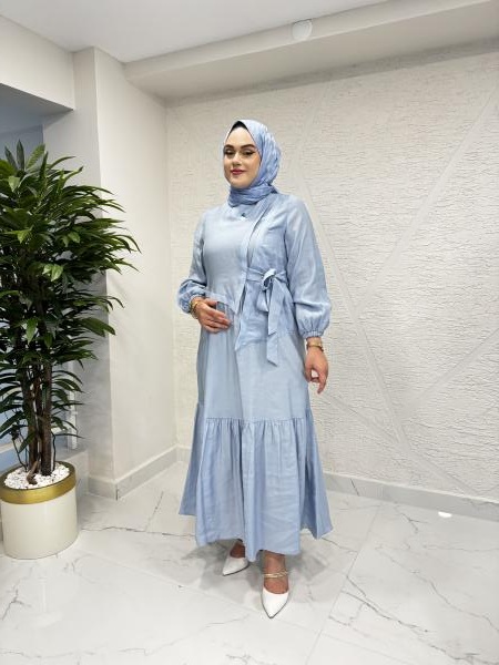 CEREMONY 5788 YANDAN BAĞLAMALI İÇLİKLİ CUPRA ELBİSE MAVİ