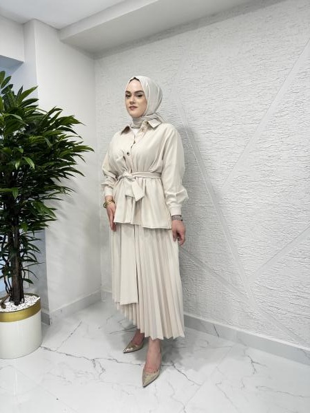CEREMONY 5653-58114 PLİSOLEY VE PİLİKAŞE DETAYLI GOLD DÜĞMELİ ETEK CEKET TAKIM TAŞ