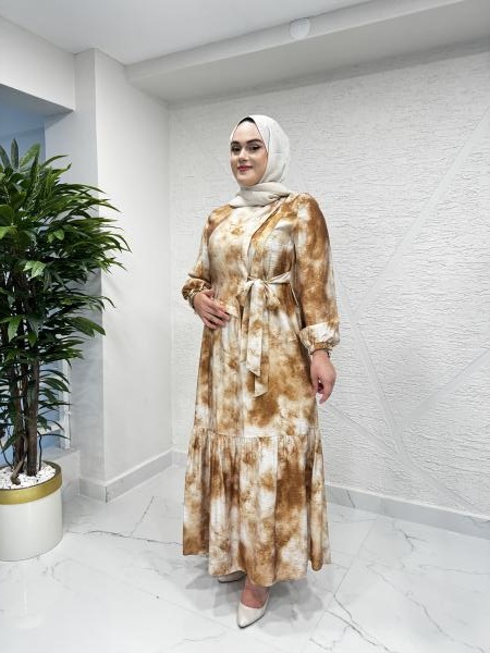 CEREMONY 5788 YANDAN BAĞLAMALI İÇLİKLİ CUPRA ELBİSE DESENLİ CAMEL