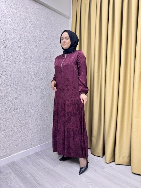 CLEMENCE 5421 İPEK MAROKEN ELBİSE BORDO