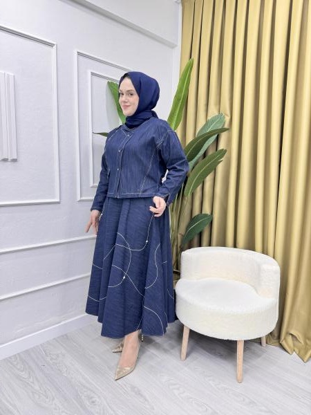 CEREMONY 5854 (5608) DENİZ KABUĞU İŞLEMELİ DENIM KLOŞ ETEK CEKETLİ TAKIM LACİVERT
