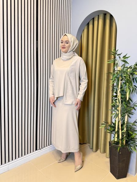CEREMONY 5951 ETEĞİ VE TUNİĞİ DUBAI CEP DETAYLI ETEKLİ BAMBU TAKIM BEJ