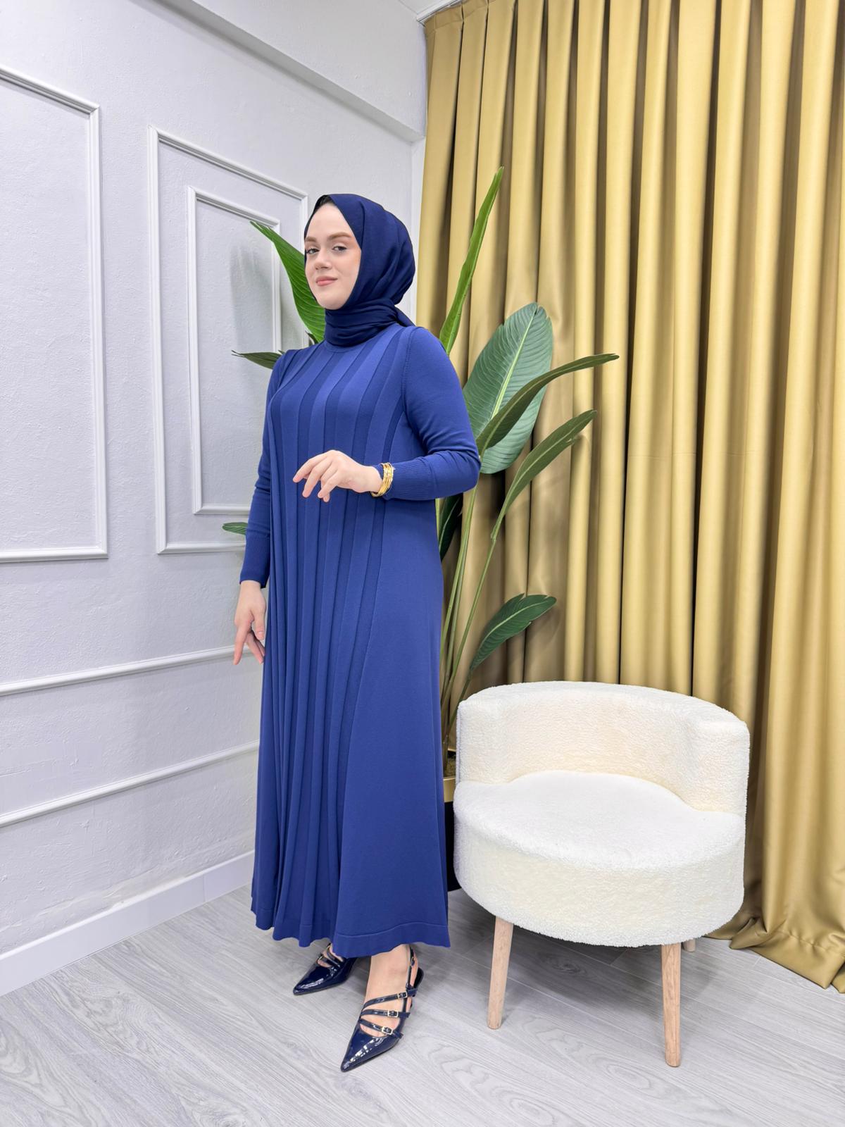NİLİWİ 3069 ÖN ARKA KALIN FİTİLLİ TRİKO ELBİSE LACİVERT