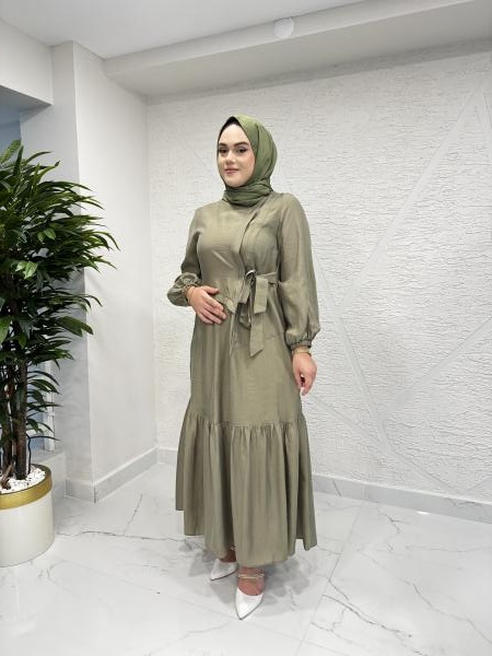 CEREMONY 5788 YANDAN BAĞLAMALI İÇLİKLİ CUPRA ELBİSE HAKİ