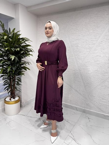 NİLİWİ 3084 ETEK UCU TİKTAK FIRFRILI TRİKO ELBİSE BORDO