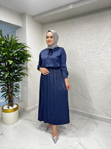 CEREMONY 59132 YAKASI BAĞLAMALI BLUZLU OCEAN ETEKLİ TAKIM LACİVERT