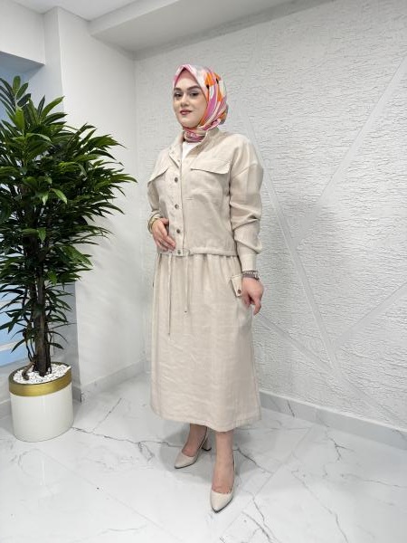 CEREMONY 59144 HAKİM YAKA BOMBER ETEĞİNİN İKİ YANI CEP DETAYLI TAKIM BEJ