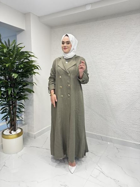 MİSSA K005 SAFİR KOLSUZ ELBİSELİ KETEN TAKIM HAKİ