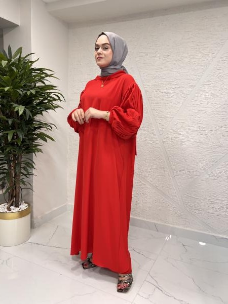 CEREMONY 5707 KOLLARI DİK PLİSE LAMARCA ELBİSE KIRMIZI