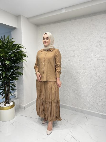 CEREMONY 59141 SEDEF DÜĞME İŞLEMELİ KRAŞ ETEKLİ CUPRA TAKIM CAMEL