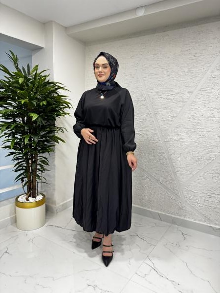 CEREMONY 5146-5647 ÖNÜ BAMBU ARKASI DUBAI KOLU LASTIKLI KISA BLUZ ETEK TAKIM SİYAH