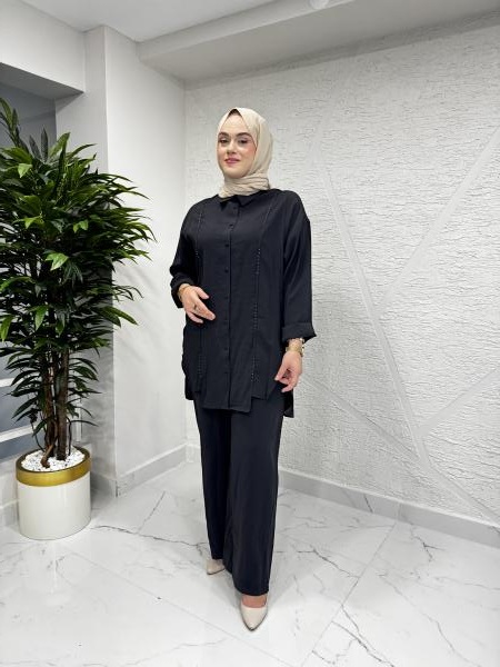 CEREMONY 5967 İKİ YANI YIRTMAÇLI ÖN KUPLARI APARA DETAYLI TUNİK PANTOLONLU VERONA TAKIM SİYAH