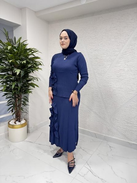 NİLİWİ 3081 ENİNE FIRFIRLI ETEKLİ TRİKO TAKIM LACİVERT