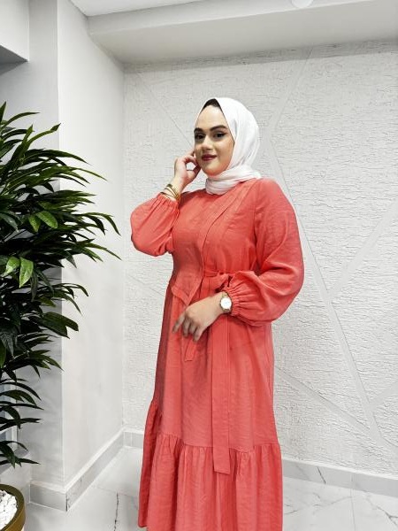 CEREMONY 5788 YANDAN BAĞLAMALI İÇLİKLİ CUPRA ELBİSE MERCAN