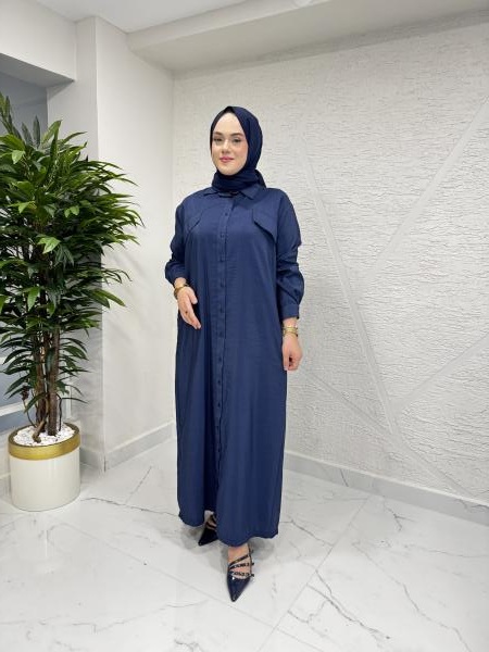 CEREMONY 5713 HALKA DETAYLI ÖNÜ DÜĞMELİ KAPAK CEPLİ DUBAI GÖMLEK ELBİSE LACİVERT