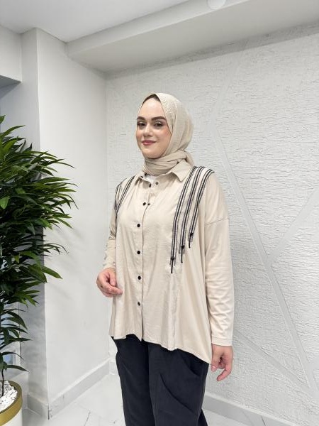 CEREMONY 5171 ÖNÜ DİKİŞ VE AKSESUAR DETAYLI BAMBU ÖNDEN ÇIT ÇITLI KISA BLUZ TAŞ