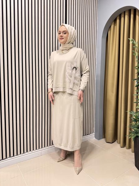 CEREMONY 5950 TUNİĞİ VE ETEK UCU DUBAI DETAY CEPLİ ŞALVARLI ETEKLİ BAMBU TAKIM BEJ
