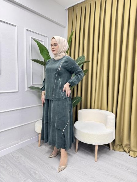 CLEMENCE 1369 İPEK ETEKLİ TAKIM YEŞİL