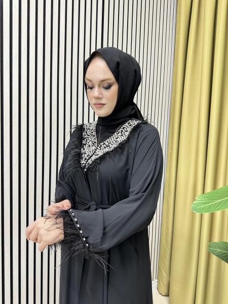 ETRUCCI 6114 İPEK ŞİFON YAKASI TAŞ DETAYLI ABAYA SİYAH