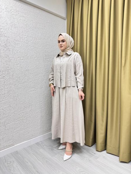 CEREMONY 5966 TOMURCUK İŞLEMELİ KISA GÖMLEK ETEKLİ RANO TAKIM TAŞ
