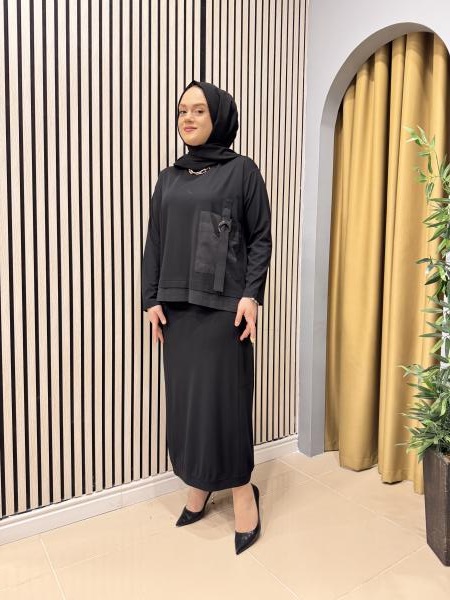 CEREMONY 5950 TUNİĞİ VE ETEK UCU DUBAI DETAY CEPLİ ŞALVARLI ETEKLİ BAMBU TAKIM SİYAH