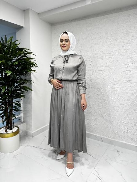 CEREMONY 59132 YAKASI BAĞLAMALI BLUZLU OCEAN ETEKLİ TAKIM DUMAN GRİ