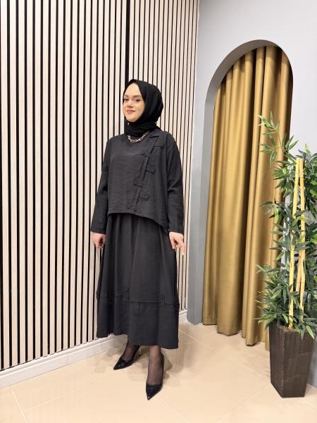 CEREMONY 5938 ÇAPRAZ BANTLI ÜZERİ DÜĞME DETAYLIPASION ETEKLİ TAKIM SİYAH