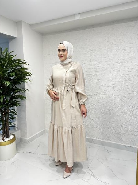 CEREMONY 5788 YANDAN BAĞLAMALI İÇLİKLİ CUPRA ELBİSE BEJ