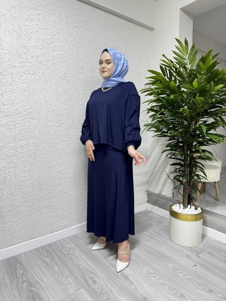 CEREMONY 5634 ÖNÜ VE ARKASI BAMBU KISA TUNİK ETEK TAKIM LACİVERT