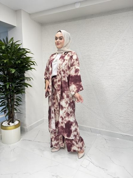 CEREMONY 5890-5343 UZUN YAKALI ŞAL DESEN KAP PANTOLON TAKIM KAHVERENGİ
