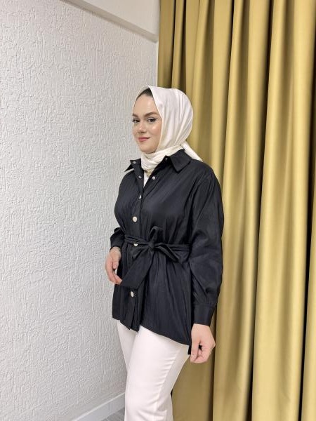 CEREMONY 5889 ÖNDEN ZIMBALI BELDEN KUŞAKLI KISA DUBAI CEKET SİYAH