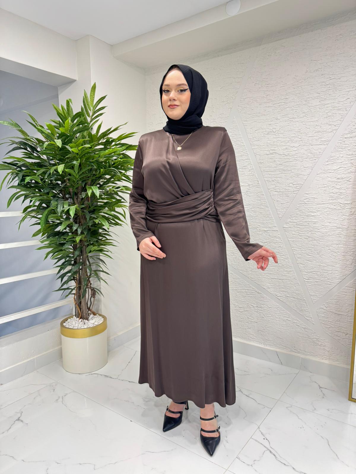 WENNORA 1003 VATKALI ELBİSE KAHVERENGİ