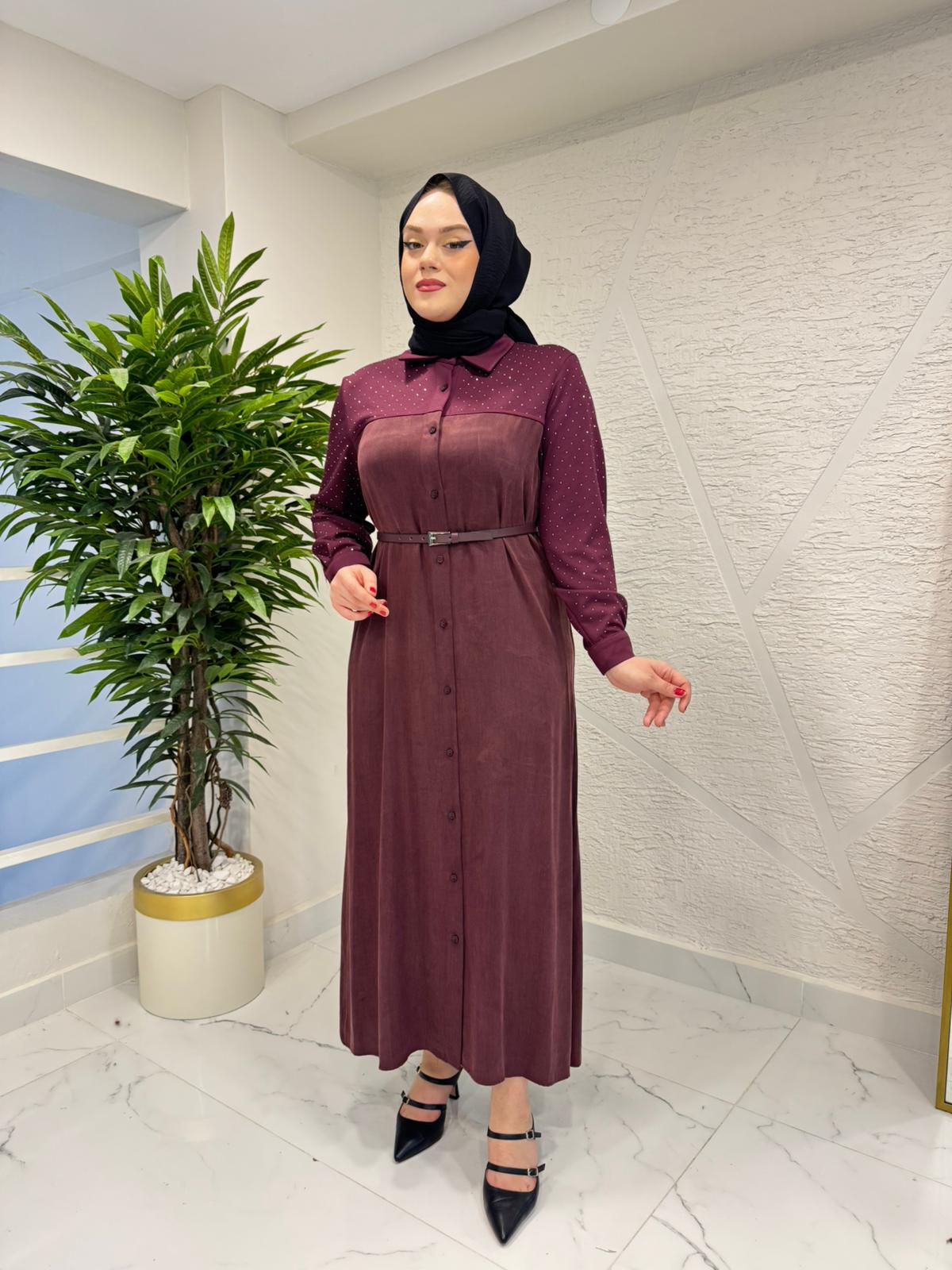 WENNORA 1004 TAŞ İŞLEMELİ GÖMLEK ELBİSE BORDO
