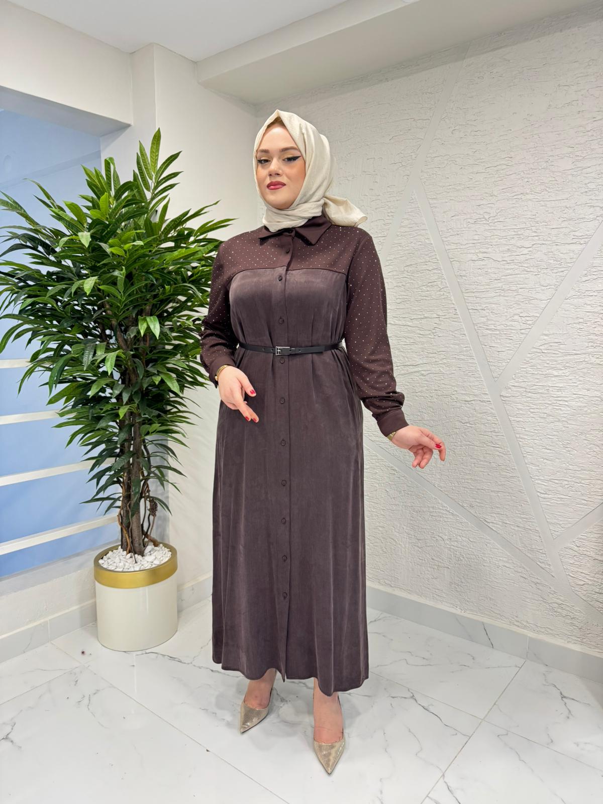 WENNORA 1004 TAŞ İŞLEMELİ GÖMLEK ELBİSE KAHVERENGİ