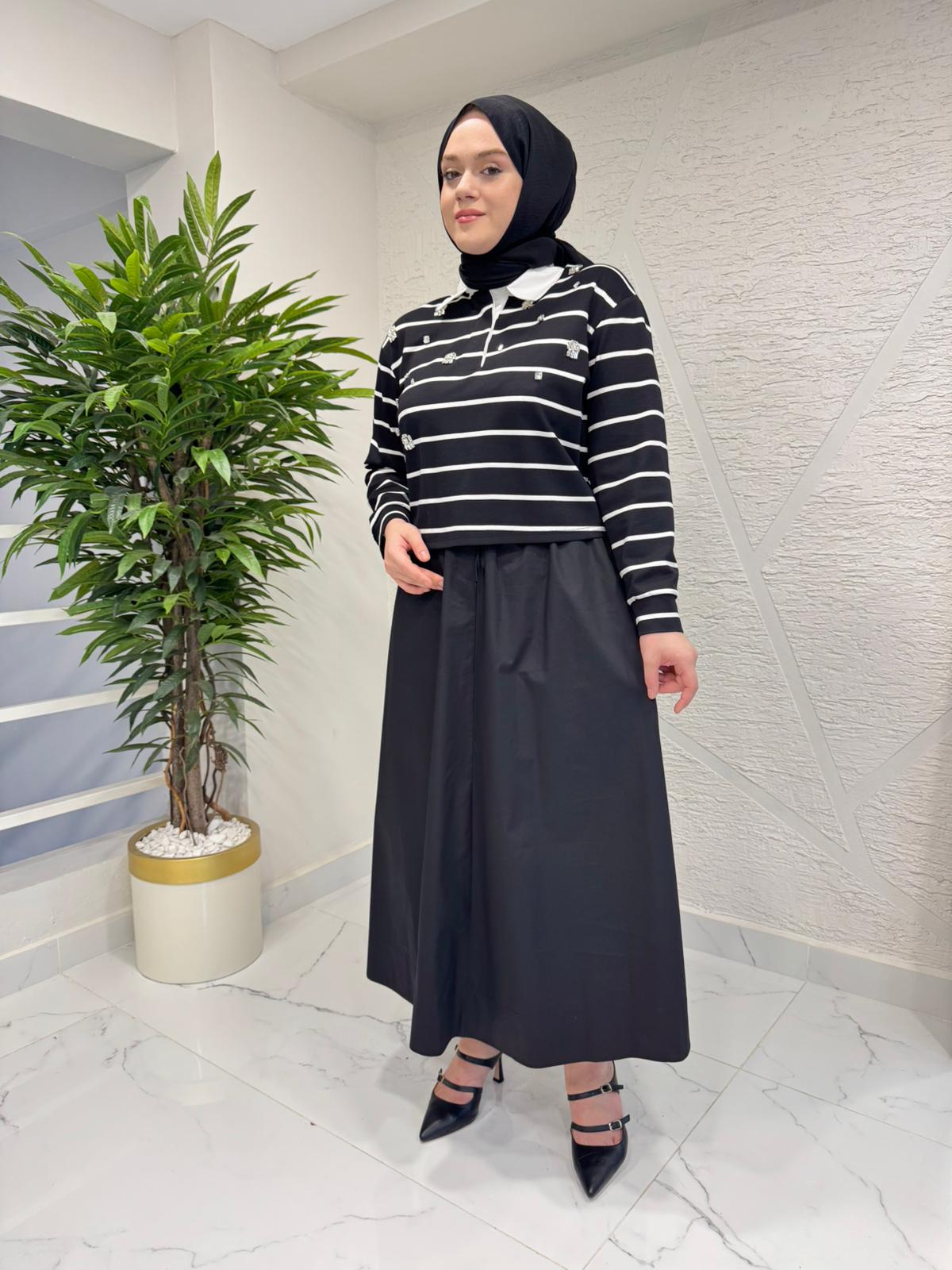 WENNORA 1033 GÖMLEK YAKA SWEAT ETEKLİ TAKIM SİYAH