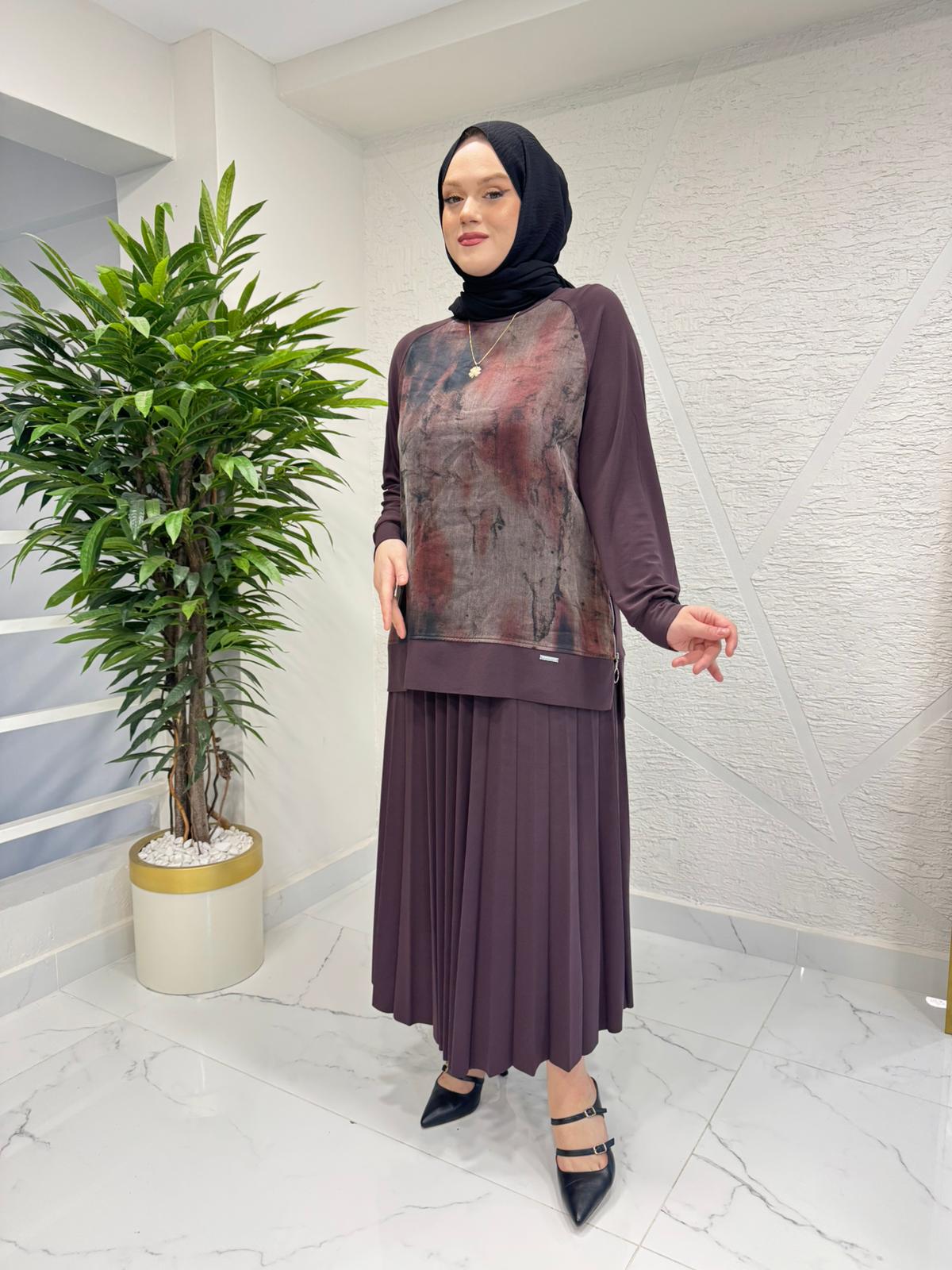 CLEMENCE 1542 ÖRME KREP ETEKLİ TAKIM KAHVERENGİ