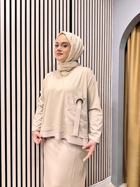 CEREMONY 5950 TUNİĞİ VE ETEK UCU DUBAI DETAY CEPLİ ŞALVARLI ETEKLİ BAMBU TAKIM BEJ