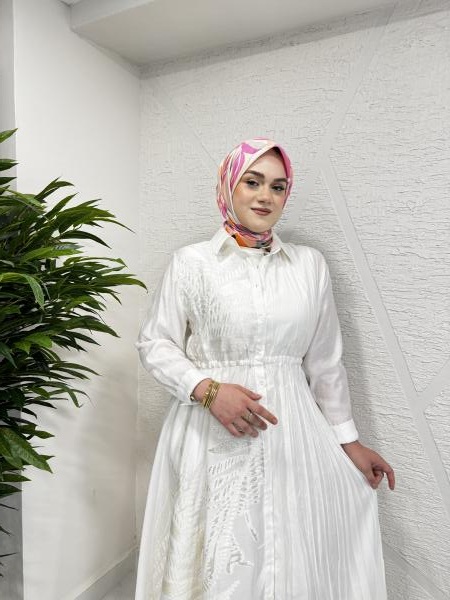 CEREMONY 5706 KRAŞLI DESENLİ VE DÜZ KOMBİNLİ BELİ LASTİKLİ UZUN MONARCH ELBİSE EKRU