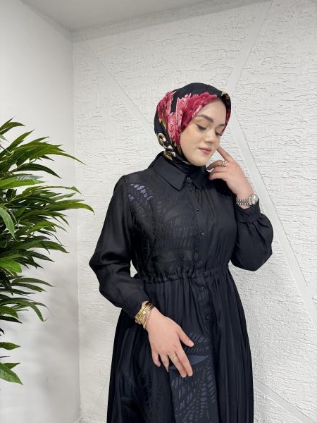 CEREMONY 5706 KRAŞLI DESENLİ VE DÜZ KOMBİNLİ BELİ LASTİKLİ UZUN MONARCH ELBİSE SİYAH