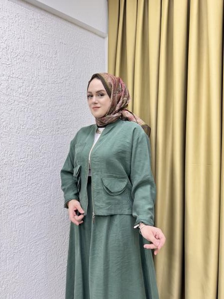 CEREMONY 5986 ETEĞİ VE CEKETİ BAKIR KUM BONCUK DETAYLI PASION ETEKLİ TAKIM TURMALİN YEŞİL