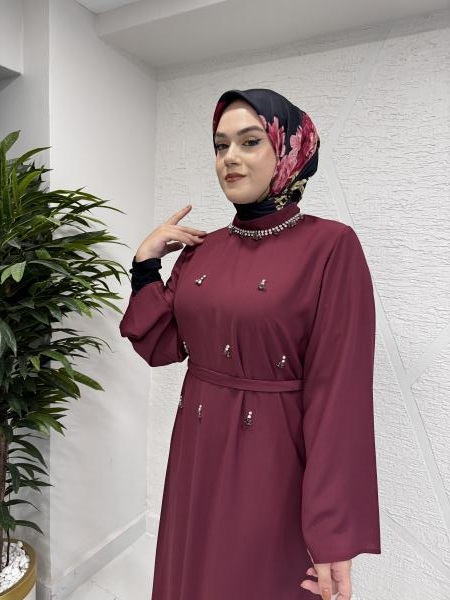 ETRUCCI 4130 TAŞ İŞLEMELİ ABAYA BORDO