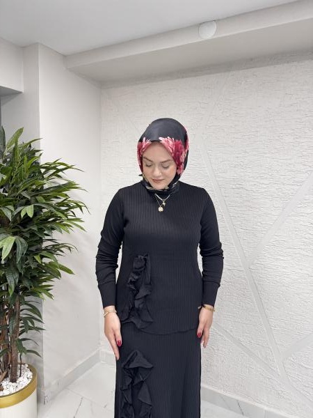 NİLİWİ 3081 ENİNE FIRFIRLI ETEKLİ TRİKO TAKIM SİYAH