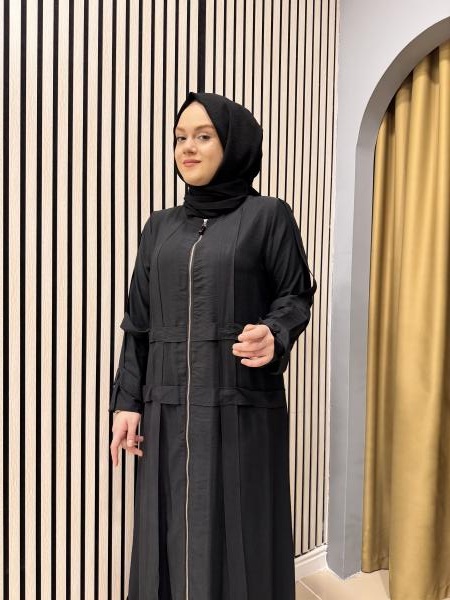 CEREMONY 5856 KOLU VE ÖN BEDENİ KAFES DETAYLI FERMUARLI PASION FERACE SİYAH