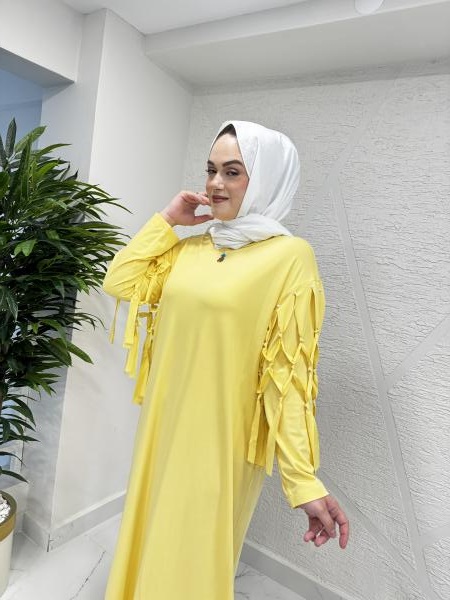 CEREMONY 5731 KOLLARI DÜĞÜM DETAYLI BAMBU ELBİSE SARI
