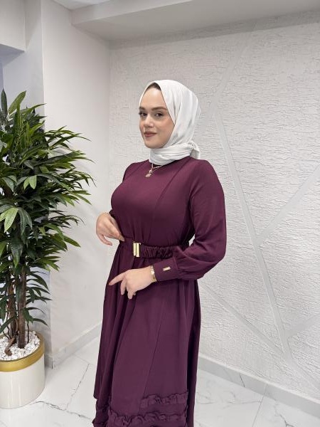 NİLİWİ 3084 ETEK UCU TİKTAK FIRFRILI TRİKO ELBİSE BORDO